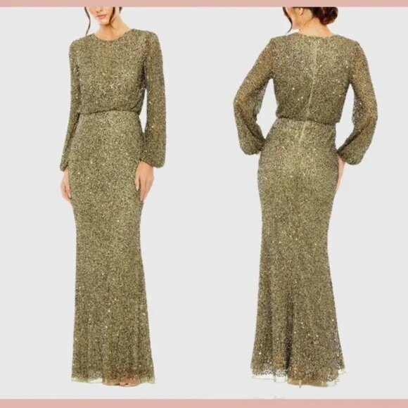 NWT Mac Duggal 10044 Olive Green High Neck Long Sleeve Beaded Blouson Gown 14 - Picture 1 of 6